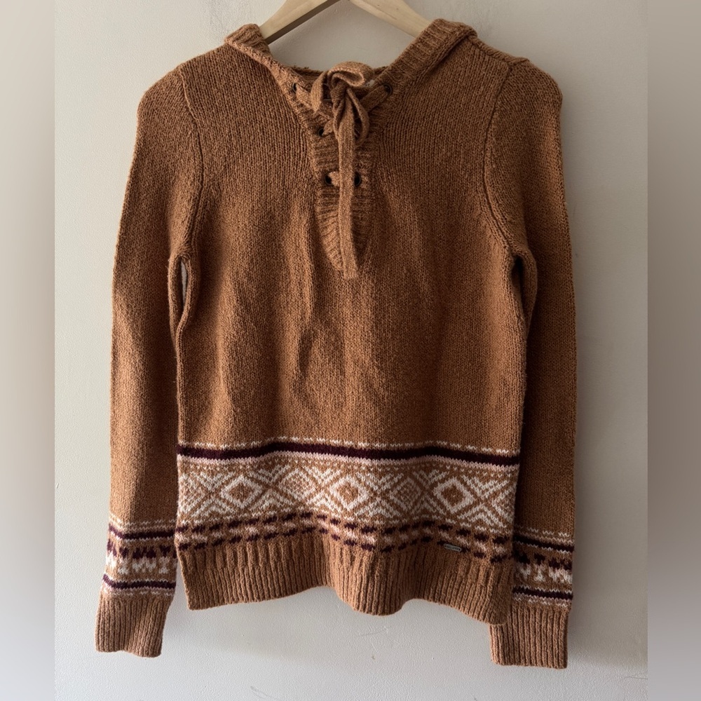 Hollister Women's Fair Isle Sweater Hoodie Lace Up V Neck